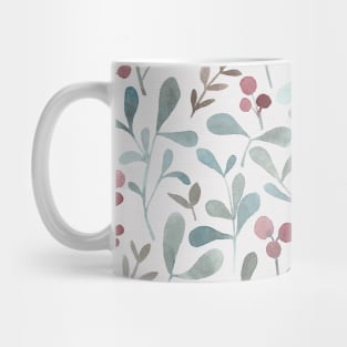 Winter flora - watercolor red berries and mistletoe leaves Mug